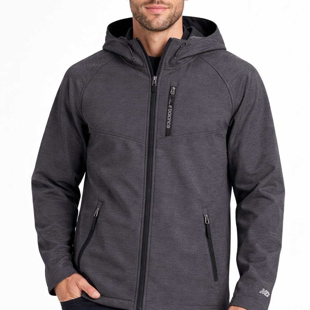 NEW BALANCE Charcoal Softshell Hooded Jacket Crosshatch Zip Pockets Men’s M